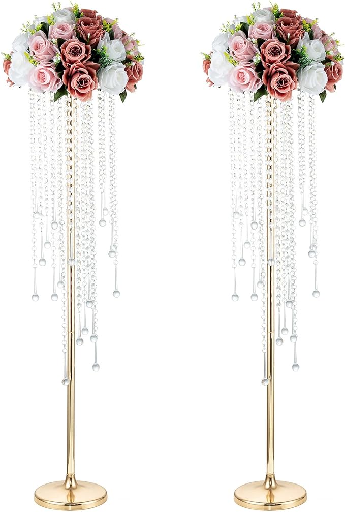 NUPTIO Wedding Centerpieces Gold Vases: 2 Pcs 39.4in Tall Crystal Flower Vase Metal Flowers Stand for Party Tables Decorations - Elegant Bulk Weddings Decoration Table Chandelier Centerpiece Stands