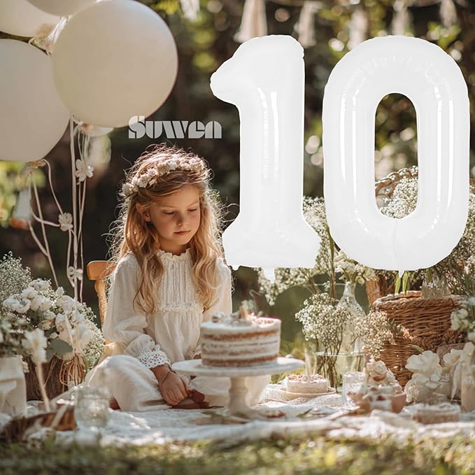 SUWEN 40 Inch White Large 10 Balloon Number Big Foil Helium Number Balloons 0-9 Giant Jumbo Happy 10th Birthday Party Decorations for Boy or Girl Huge Mylar Anniversary Party Supplies