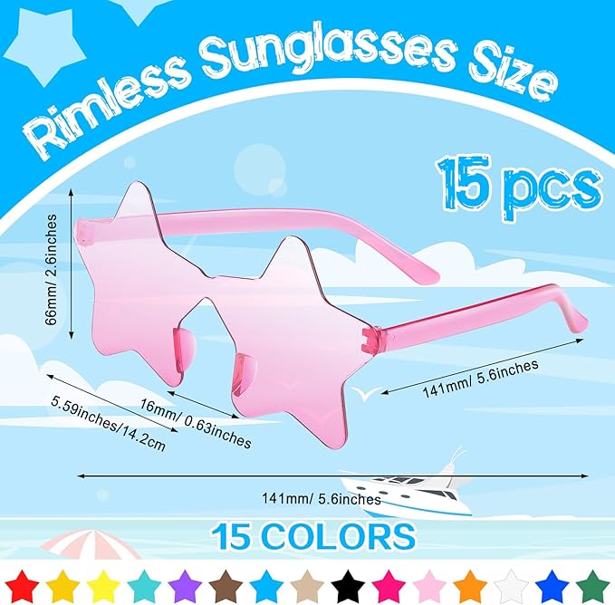 PLULON 15 Pairs Star Sunglasses Rimless Star Shape Sunglasses, Colorful Star Glasses Bulk Bachelorette Sunglasses Star Party Favors for Birthday Beach Kids Adult - Multicolor