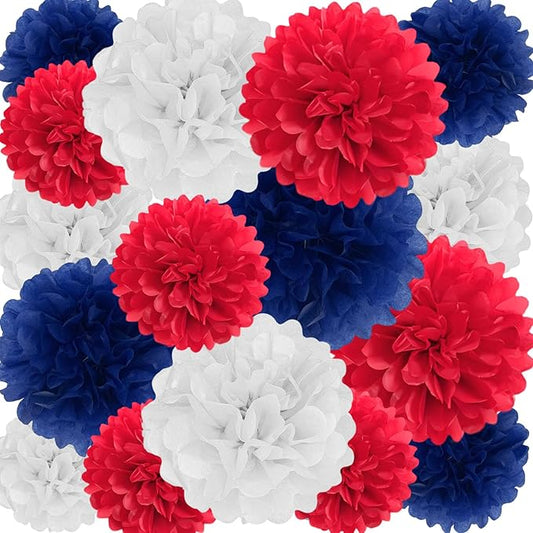18 PCS Tissue Paper Pom Poms, Tissue Pom Poms Flowers, Sizes of 6", 10", 12", 14" Hanging Paper Flower Ball for Independence Day, Fourth of July, Baby Shower Party Decor (Red Blue White)