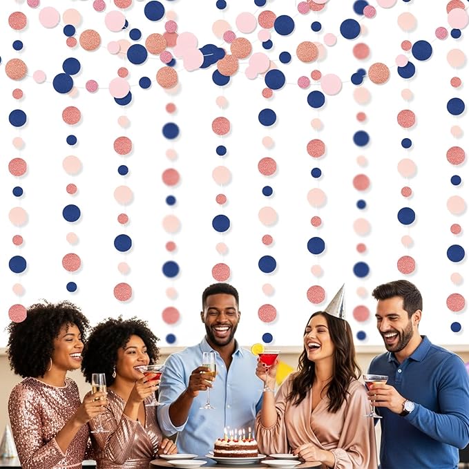 Outus 5 Pieces Blue,Pink,Rose Gold Round Dots Garland Graduation Party Hanging Decor Each Length 13.1ft Glitter Paper Dot Streamers for Birthday Wedding Classroom Supplies