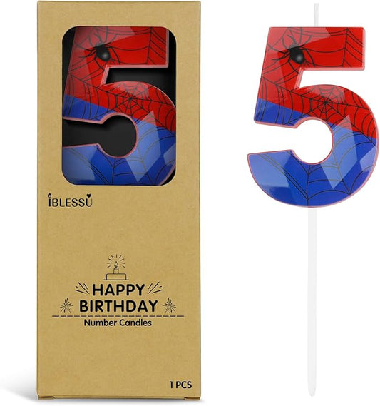 Number 5 Spider Themed Birthday Candle, 2.68 Inch Red Blue Spider Birthday Candles, Number Candles Birthday Cake Toppers Web Candles for Boy Girl Spider Party Decoration Supplies Halloween Party
