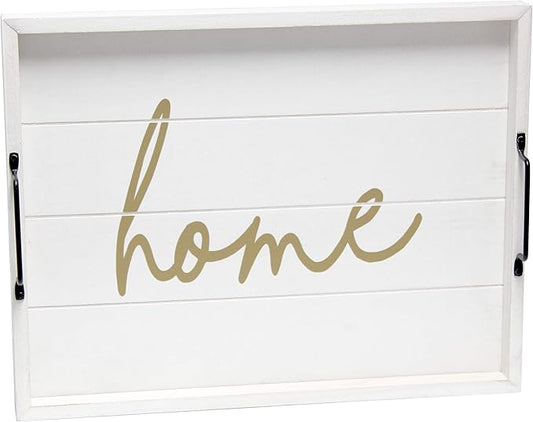 Elegant Designs HG2000-WHG Gold Coffee Table Decorative Wood Serving Tray w/Handles, 15.50" x 12", White Wash Home