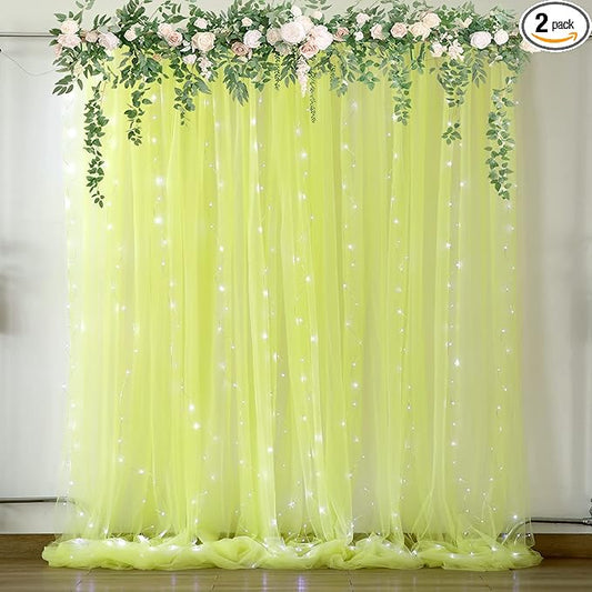 Yellow Tulle Backdrop Curtains with Lights String for Birthday Party Photoshoot 10ft × 8ft Sheer Backdrop Curtains for Baby Shower Wedding Background Decorations 2 Panels 5×8ft