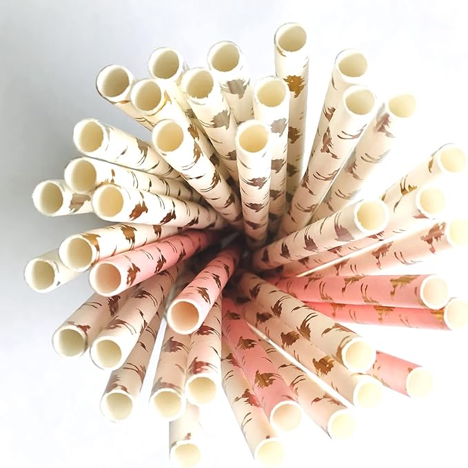 100 pcs Mixed Biodegradable Party Paper Straws, Pink Metallic Golden Rose Gold Silver Foil Pony Drinking Straws Bulk, Kentucky Horse Derby Baby Shower Birthday Wedding Cake Pop Sticks (Carousel Horse)