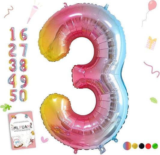 40 Inch Number Balloons 0-9 Rainbow Gradient Large Number 3 Balloons, Digital Balloons for Birthday Party Celebration Decorations, Helium Foil Number Balloons for Wedding Anniversary
