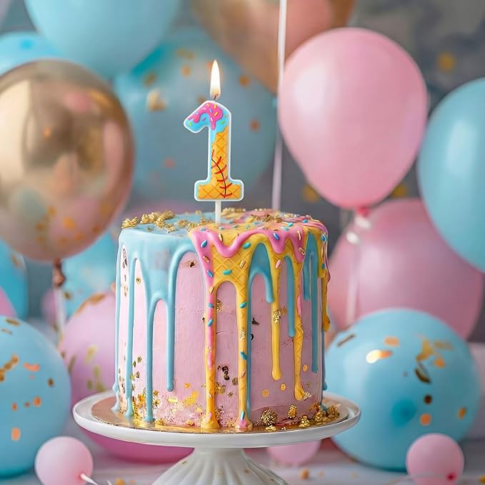 Conelist 1st Baseball Ice Cream Drip Birthday Number Candles Baseball Drip Cake Topper Candle Cupcake Topper Decoration for Sport Theme Happy Birthday Party Favors Anniversary Supplies(1 Pcs)