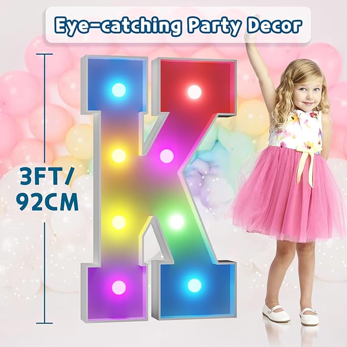 imprsv 3FT Colorful Marquee Letters K, 18 Colors Large Light up Letters Alphabet Sign with Remote, Big Marry Me Sign, Birthday Party Decorations Anniversary Wedding Decoration