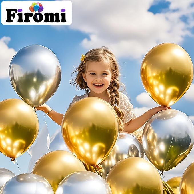 Firomi Metallic Gold Balloons 12-inch 100 Pack Helium Big Shiny Round Chrome Gold Thicken Latex Balloon for Wedding Birthday Party Gold Party Balloons (with 3 Ribbons)