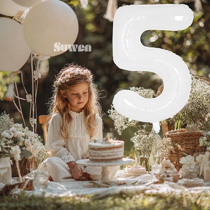 SUWEN 40 Inch White Large 5 Balloon Number Big Foil Helium Number Balloons 0-9 Giant Jumbo Happy 5th Birthday Party Decorations for Boy or Girl Huge Mylar Anniversary Party Supplies