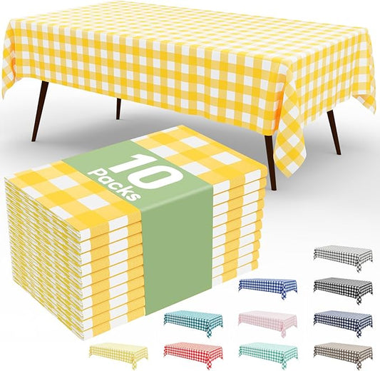Smiry 10 Pack Yellow Gingham Disposable Tablecloths - 54" x 108" Heavy Duty Plastic Table Cloth, Waterproof Buffalo Plaid Table Covers for Picnic, Banquets, Outdoor Parties