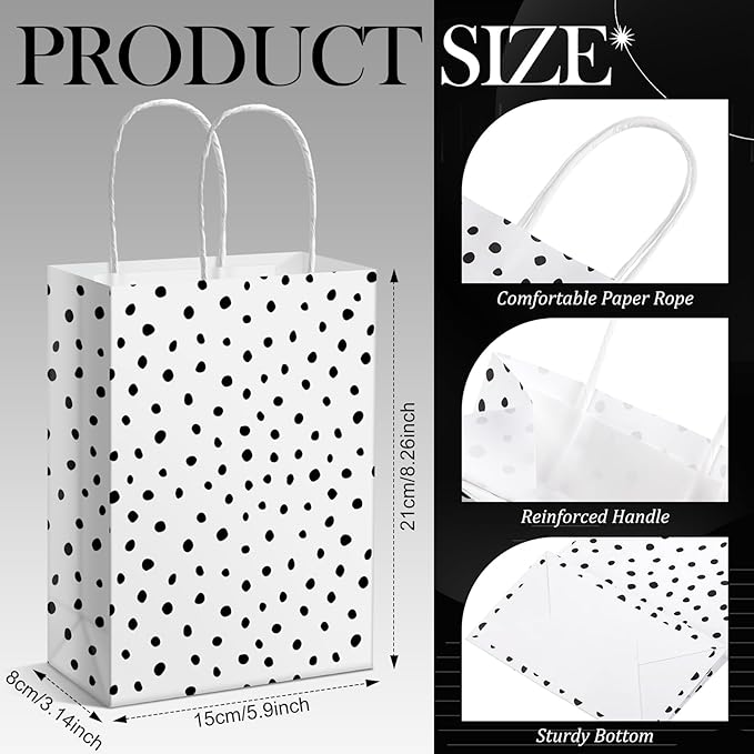 Humyoun 24 Pcs Black Painted Dots Gift Bags Paper Goodies Bags with Handles Polka Dot Candy Treat Gifts Wrapping for Baby Shower Wedding Birthday Party Supplies