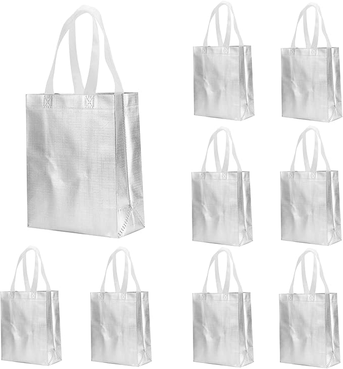 Tendwarm 12 Pcs 8x4x10 Inches Reusable Silver Gift Bag Favor Bags for Party Wedding Christmas Medium Size