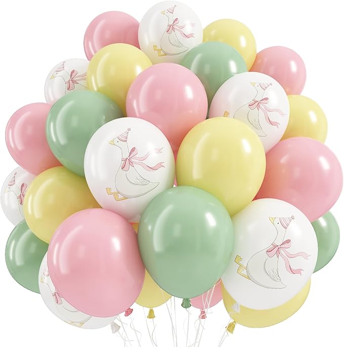 Goose Balloons Set, Pastel Pink Sage Dusty Green Light Yellow White Latex Balloons, 12 Inch Pink Green Yellow Funny Balloon for Kids One Silly Goose Birthday Party Decorations Baby Shower Farm Decor