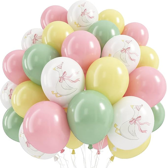 Goose Balloons Set, Pastel Pink Sage Dusty Green Light Yellow White Latex Balloons, 12 Inch Pink Green Yellow Funny Balloon for Kids One Silly Goose Birthday Party Decorations Baby Shower Farm Decor