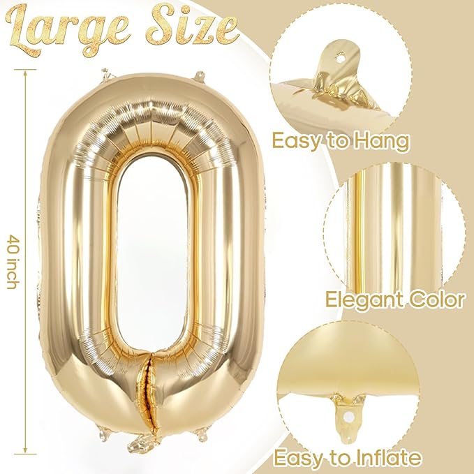 Champagne Gold Large Number 0 Balloon, 40 Inch Light Gold Foil Helium Number Balloons, Giant Mylar Number 0 Balloons for Birthday Party Anniversary Decorations