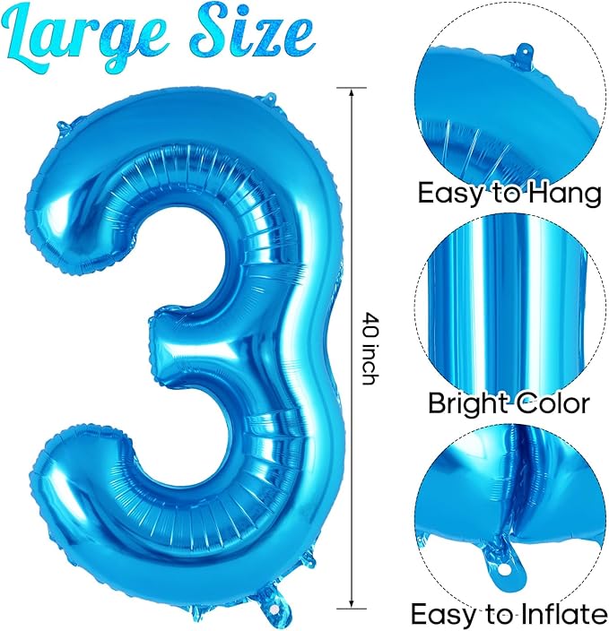 Blue Number 3 Balloon 40 Inch, Big Large Foil Helium Number Balloons, Jumbo Giant Mylar Number 3 Balloons for 3 Third Birthday Party Decorations Supplies Anniversary Celebration
