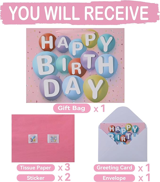 wishinside 16.5” Extra Large Happy Birthday Gift Bag Set with Handles, Greeting Card, Tissue Papers and Stickers for Girls Kids Women, Colorful Balloon Design, 1 Pcs