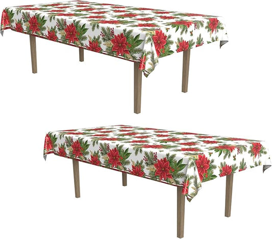 Beistle Poinsettia Tablecovers, 54” x 108”, 2 Pieces – Plastic Table Cloth, Rectangular Tablecloth, Table Covers for Party, Holiday Party Supplies, Christmas Decorations