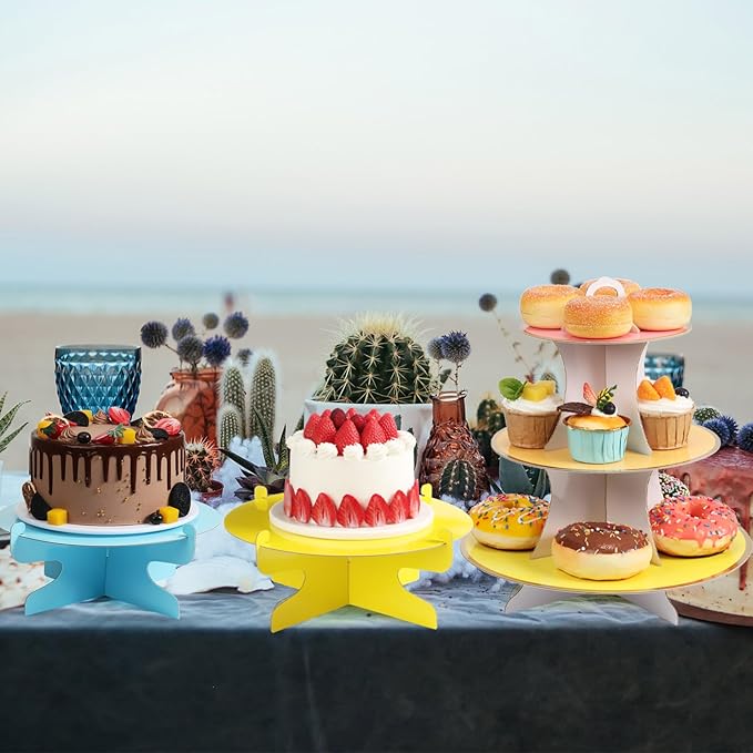 6 Pieces Colorful Cupcake Stand Set 3 Tier Cardboard Dessert Tower 1Tier Cupcake Display Stand Serving Cupcake Holder for Birthday All Themed Party Events Cake Display, Pink, Blue, Yellow