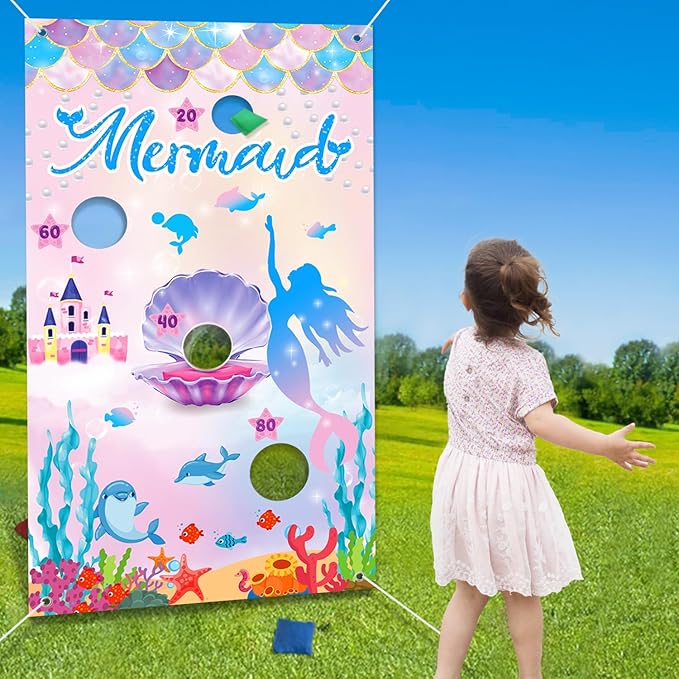 iPartycool Mermaid Toss Game, Mermaid Birthday Party Games, Mermaid Bean Bag Toss Games, Mermaid Party Supplies, Mermaid Backdrop Mermaid Party Games for Kids Adults Outside Activities Outdoor Games