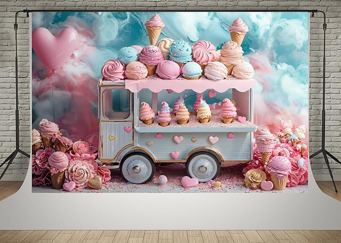 Kate 10x6.5ft Ice Cream Truck Happy Birthday Party Photography Backdrops Delicious Ice Cream Love Balloon Candy Photo Background Cake Smash Backgrounds