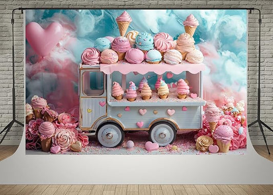 Kate 10x6.5ft Ice Cream Truck Happy Birthday Party Photography Backdrops Delicious Ice Cream Love Balloon Candy Photo Background Cake Smash Backgrounds