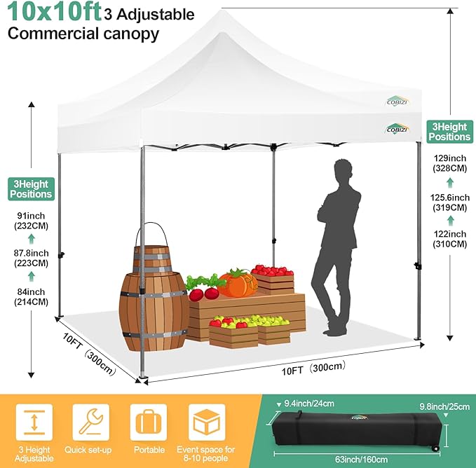COBIZI 10x10 Pop Up Canopy with Sidewalls Heavy Duty Commercial Tent Easy Up Outdoor Canopy for Party, Wedding, Event and Backyard, All Season Windproof&Waterproof with Roller Bag UPF 50+, White