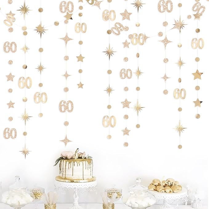 Champagne Gold 60th Birthday Decorations Number 60 Circle Dot Star Garland Metallic Streamer Banner for Women Mens Cheers to 60 Years Old Birthday Happy 60th Anniversary Vintage 1965 Party Supplies