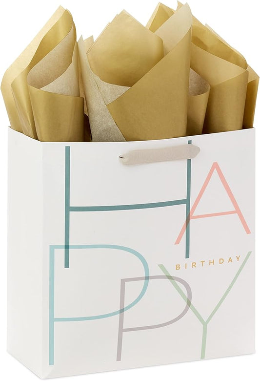Hallmark Signature Studio 10" Large Square Gift Bag with Tissue Paper (Happy Birthday) Teal, Gray, Pink, Blue on White