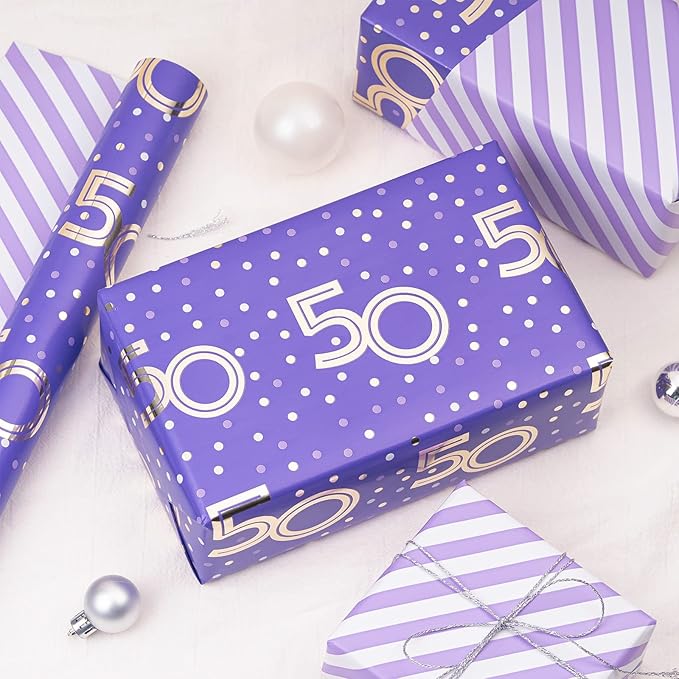 MAYPLUSS Reversible Birthday Wrapping Paper Roll - Mini Roll - 17.3 Inch X 32.8 Feet - Purple 50th Birthday with Glitter Metallic Foil/Stripes (47.3 sq.ft.ttl)