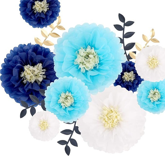 Fonder Mols Tissue Paper Chrysanth Flowers with Butterfly and Olive Leaves for Wedding Baby Shower Nursery Room Parties & Events Decorations Pom Poms (Navy Turquoise White)