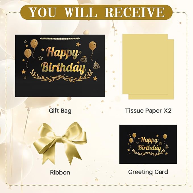 JMANNI Black Gold Happy Birthday Gift Bag with Card and Tissue Paper, 14.2"×9.84"×4.3" Large Present Bag for Men Women, Year Old Birthday Keepsake Party Supplies