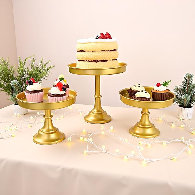 3 Pcs Metal Round Cake Stand Set 8“10”12" Cake Display Stand Dessert Cupcake Display Tray for Graduation,Wedding,Birthday,Party,Baby Shower,Anniversary,Ceremony,Christmas (Gold)