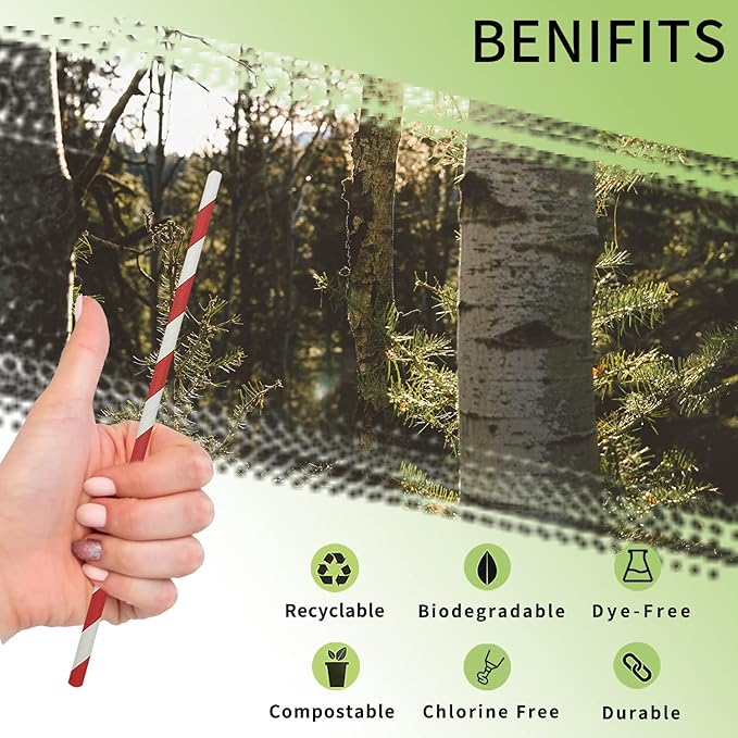 Biodegradable Red Striped Straws Bulk 100, Disposable Red and White Coca Cola Party Paper Straws for Cocktail, Milkshake, Coffee, Lemonade
