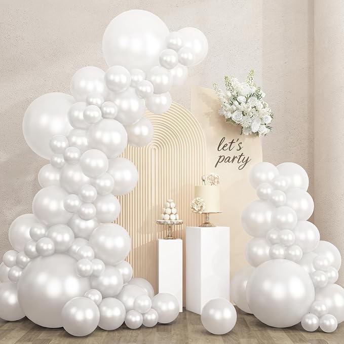 RUBFAC 135pcs Pearl White Balloons, Latex Balloon Different Sizes 18 12 10 5 Inch for Garland Arch Wedding Engagement Anniversary Bridal Baby Shower Birthday Party Decoration