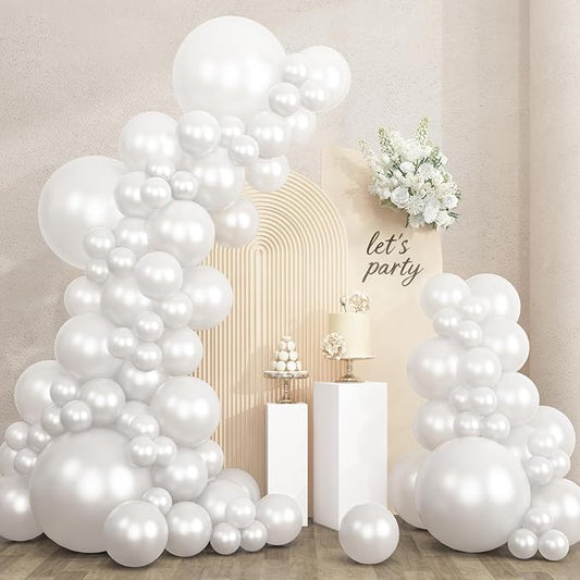 RUBFAC 135pcs Pearl White Balloons, Latex Balloon Different Sizes 18 12 10 5 Inch for Garland Arch Wedding Engagement Anniversary Bridal Baby Shower Birthday Party Decoration