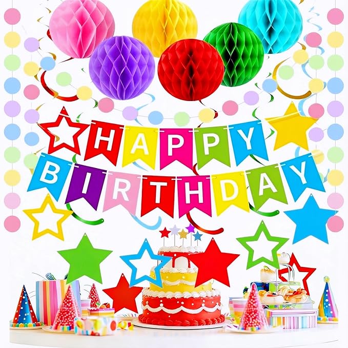Happy Birthday Decorations, 50Pcs Rainbow Happy Birthday Banner Decorations for Men Women Party Supplies