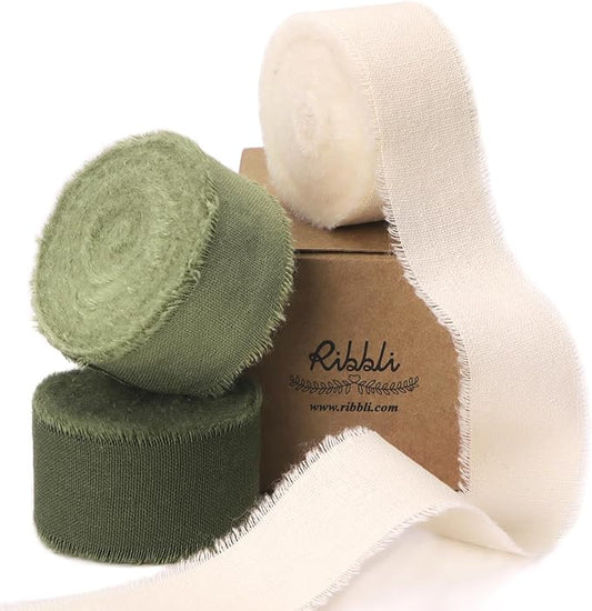 Ribbli 3 Rolls Green Ribbon 1 Inch x 18 Yards Ivory Sage Moss Handmade Cotton Frayed Fringe Ribbons for Gift Wrapping Wedding Invites Bridal Bouquets Baby Shower DIY Crafts Home Decor