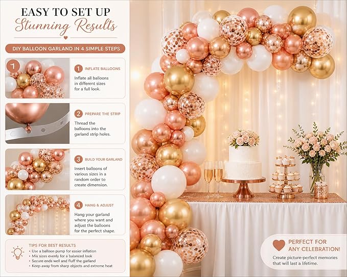 Rose Gold Balloons 70 Pack – Chrome Rose Gold, Gold, White & Confetti 12 Inch Latex Balloons for Birthday, Bridal Shower, Wedding & Balloon Arch Decorations