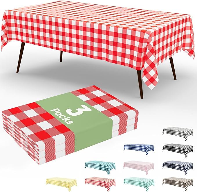 Smiry 3 Pack Red Gingham Disposable Tablecloths - 54" x 156" Heavy Duty Plastic Table Cloth, Waterproof Buffalo Plaid Table Covers for Picnic, Banquets, Outdoor Parties