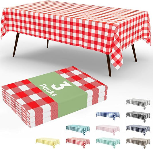 Smiry 3 Pack Red Gingham Disposable Tablecloths - 54" x 156" Heavy Duty Plastic Table Cloth, Waterproof Buffalo Plaid Table Covers for Picnic, Banquets, Outdoor Parties