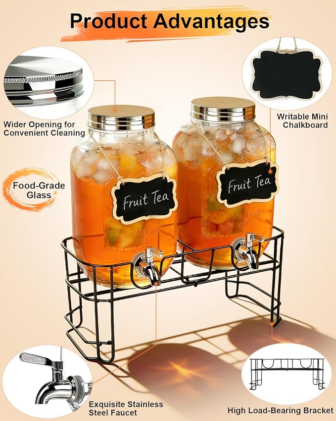 Glass Drink Dispenser 2 Pack with Stand - 1 Gallon Glass Beverage Dispenser for Parties, Juice, Water - Includes Spigot and Filter Separation and Chalkboard Labels
