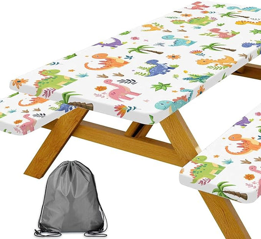 Funny Dinosaur Picnic Table Cover with Bench Covers and Bag, Camping Essentials, Animal Waterproof Windproof Fabric, Fitted Tablecloth Cover with Elastic Edge, for Indoor & Outdoor, 3 PCS, 30x72 Inch