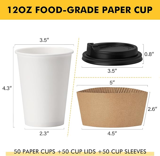 RACETOP 12 oz 50 pack Disposable Paper Coffee Cups with Lids and Sleeves