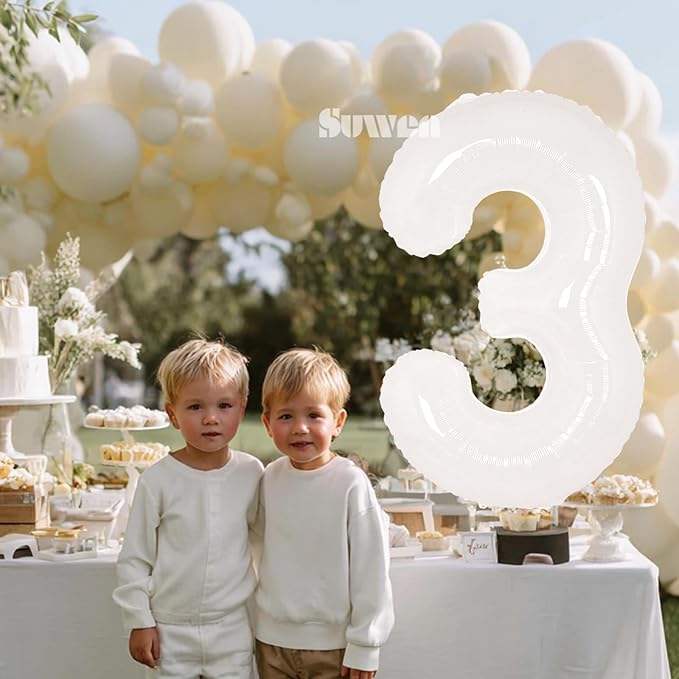 SUWEN 40 Inch White Large 3 Balloon Number Big Foil Helium Number Balloons 0-9 Giant Jumbo Happy 3rd Birthday Party Decorations for Boy or Girl Huge Mylar Anniversary Party Supplies
