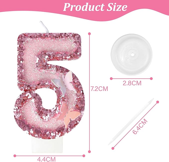 5th Birthday Candles，Glitter Butterfly Cake Toppers Pink Sequins Wedding Numeral Cupcake Decorations，Suitable for Girl and boy Wedding Cakes, Party Celebrations, Birthday Decorations