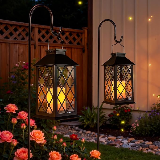 [2 Pack] TAKE ME Black 14" Solar Lanterns Outdoor Waterproof Garden Lanterns LED Candle Lights for Garden Outdoor Decor Mothers Day Gifts