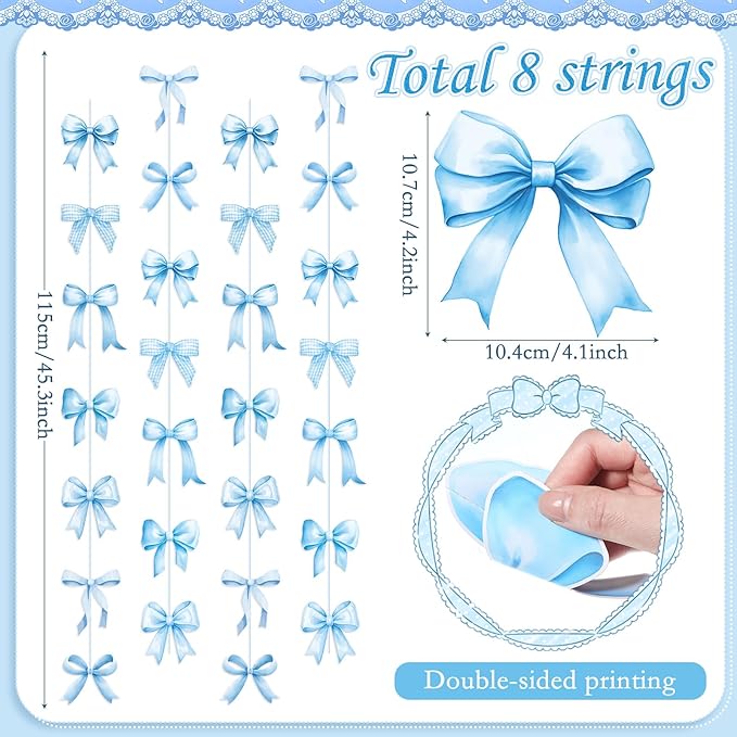 Daifunli 8 PCS Bow Decorations Bow Hanging Banners Garland Banners Paper Cutouts Ribbon Streamers for Birthday Bridal Engagement Bachelorette Wedding Party Decor (Blue)
