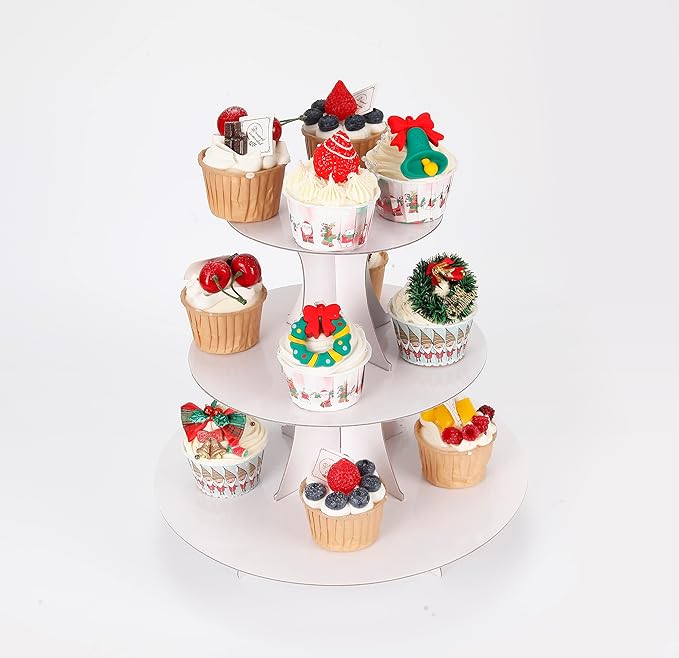 YLDW Cupcake Stand 2Pcs, 3-Tier Cupcake Stand Display, Cardboard Cup Cake Tower Stand, Disposable Dessert Stand for Birthday Tea Party Baby Shower Treat Decorations, White